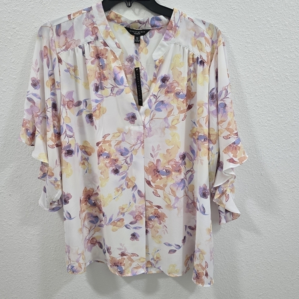 Investments Watercolor Bouquet Print V-Neck 3/4 Ruffled Sleeve Top Size 3X